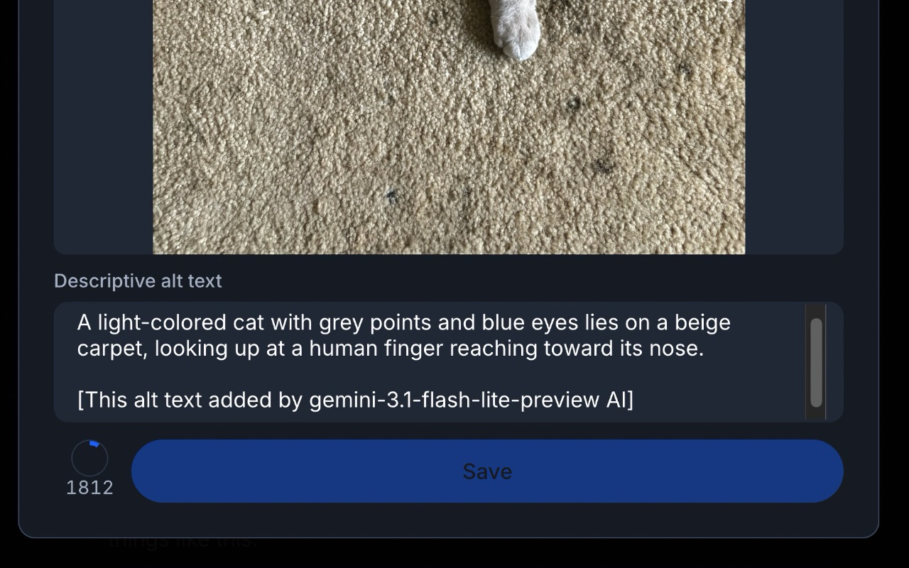 Generated alt text in Bluesky's alt-text dialog: "A light-colored cat with grey points and blue eyes lies on a beige carpet, looking up at a human finger reaching toward its nose." With the optional "I choose violence" attribution footer crediting gemini-3.1-flash-lite-preview.