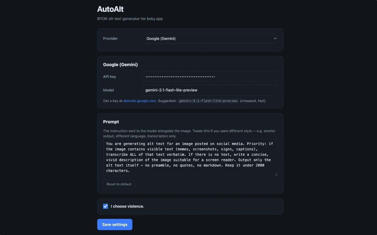 AutoAlt Settings page configured for Google Gemini, with the default prompt visible and the "I choose violence." checkbox enabled